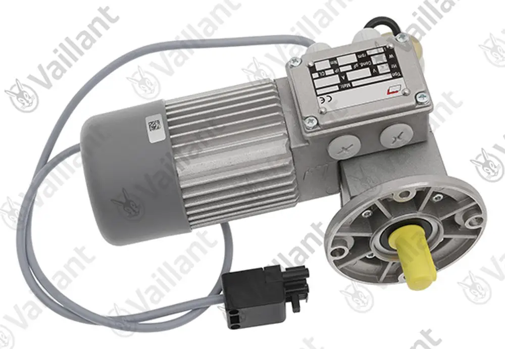 Vaillant Motor mit grauem Gehäuse und Anschlusskabel, ausgestattet mit einem Gelb gefärbten Antriebsrotor, montiert auf einer flachen Basis.